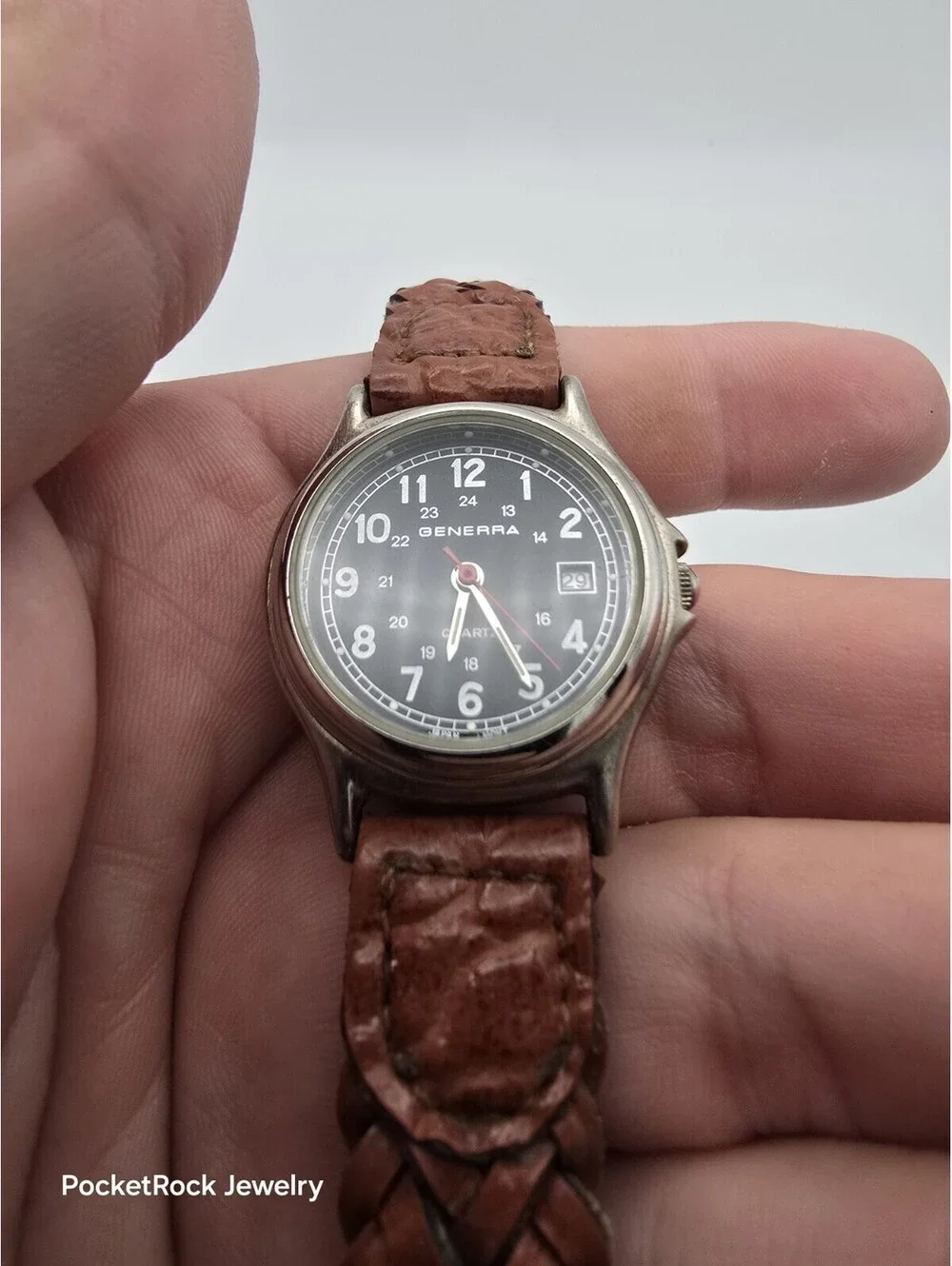 Generra Military Field Style Black Dial Date Braided Brown Leather Quartz Watch